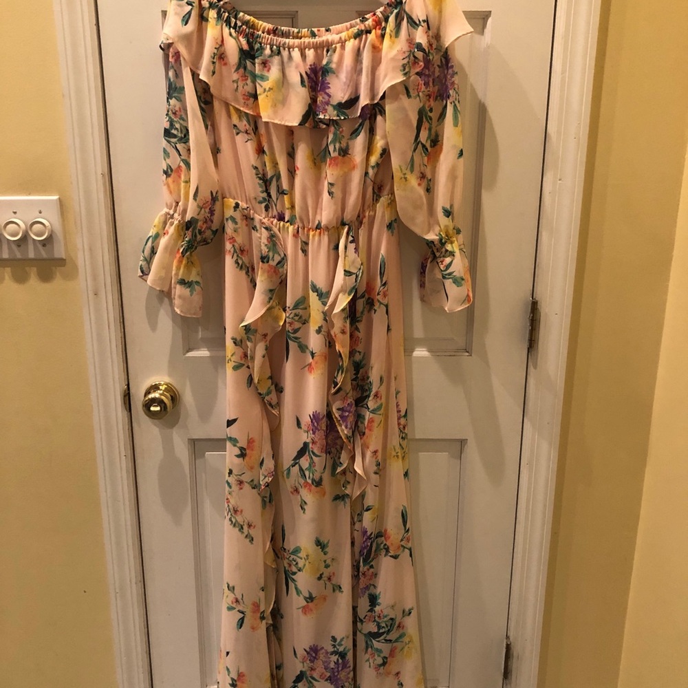 Off the shoulder long shear dress with mini skirt underneath